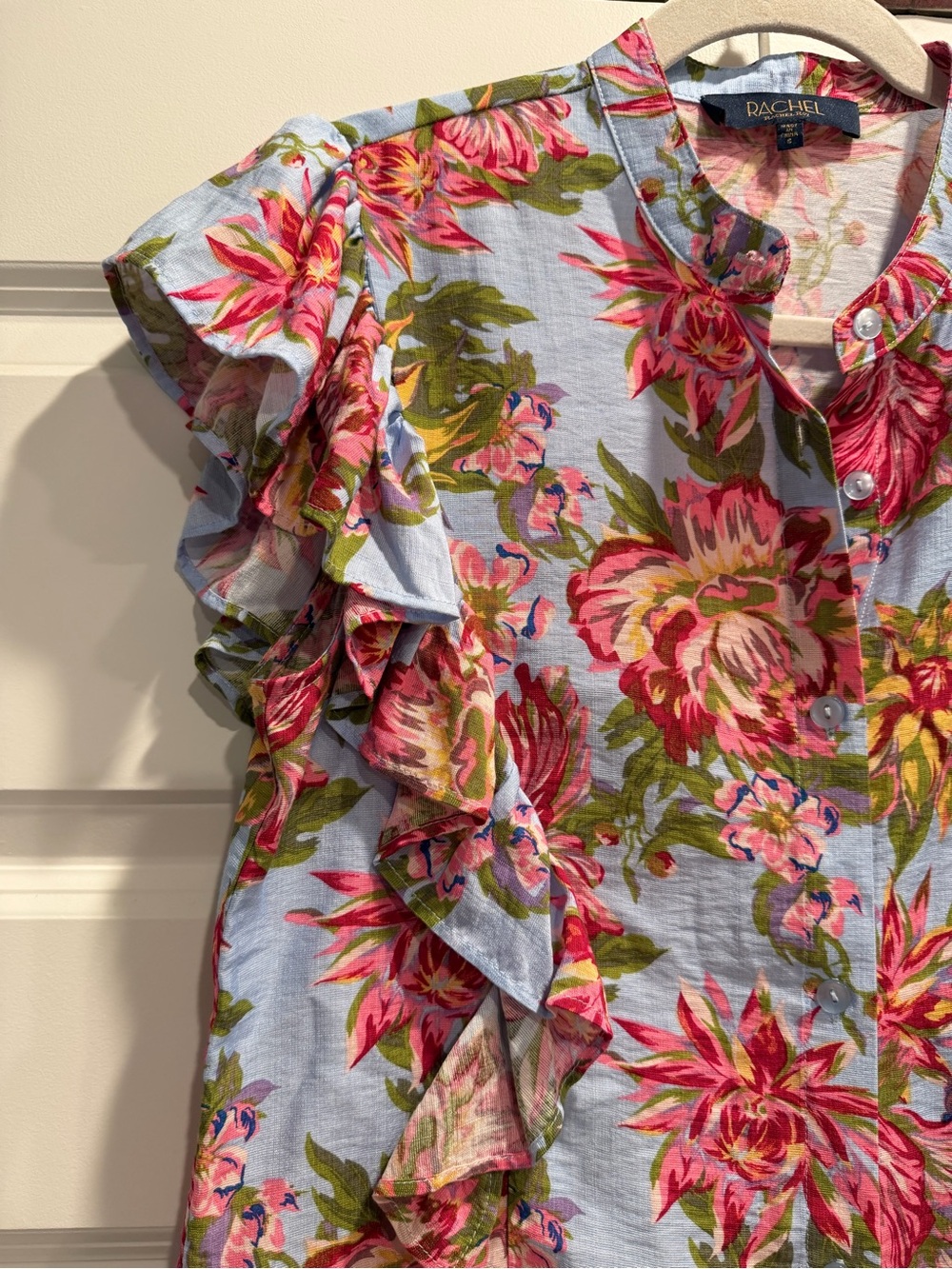 Rachel Floral Ruffle Sleeve Button Front Top - Pink/Green on Light Blue - Picture 3 of 8
